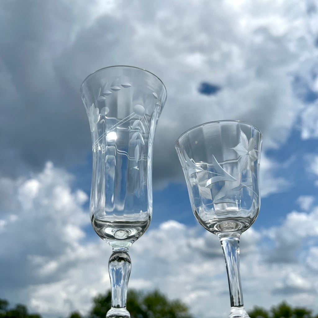 Vintage Etched Decorative Ridged Wine Glasses at Golden Rule Gallery in Excelsior, MN