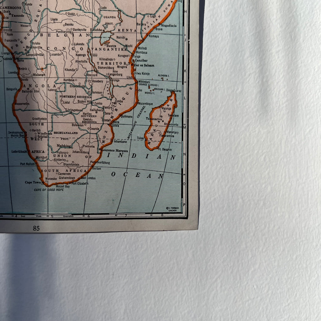 Close Up of Vintage 40s Indian Ocean Census Atlas Map Print at Golden Rule Gallery in Excelsior, MN