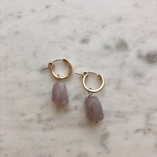 Chalcedony (Gray) Nugget and Gold Hoop Earrings | Hand Made Gold Hoops | Chalcedony Gold Hoop Earrings | Protextor Parrish Jewelry | Golden Rule Gallery | Excelsior, MN