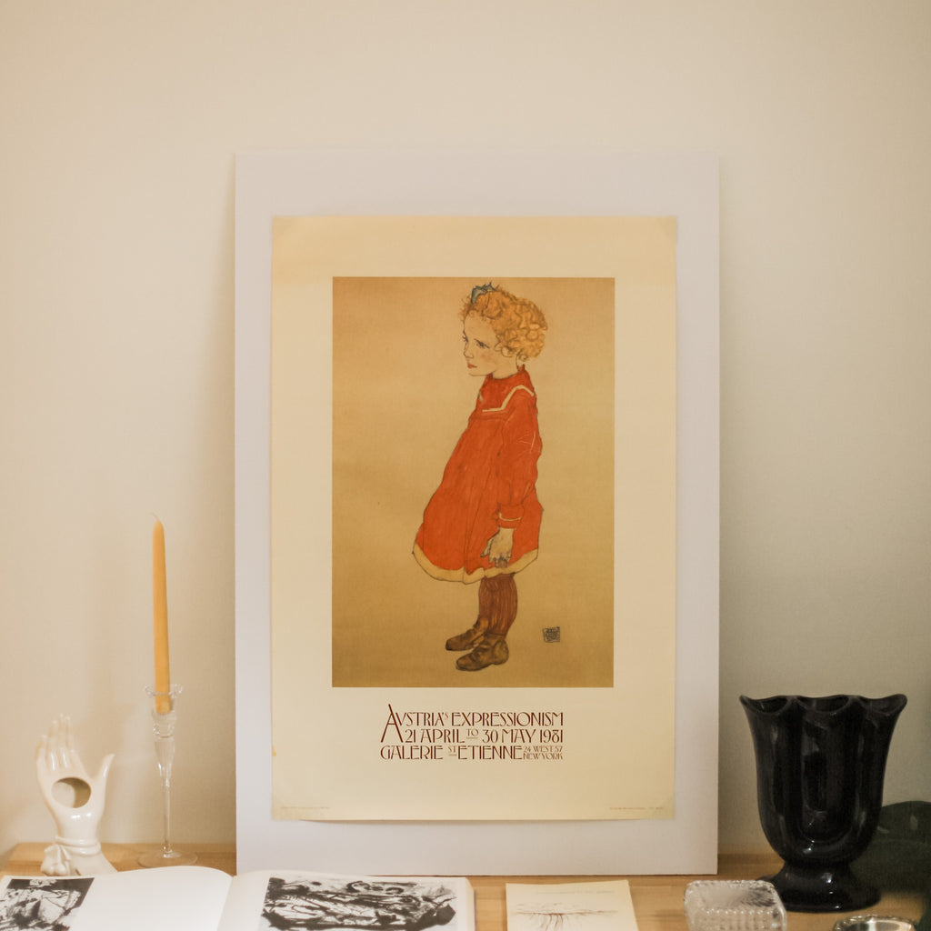 Egon Schiele | Girl with Blonde Hair and Red Dress | Vintage Exhibition Poster | Golden Rule Gallery | Minneapolis