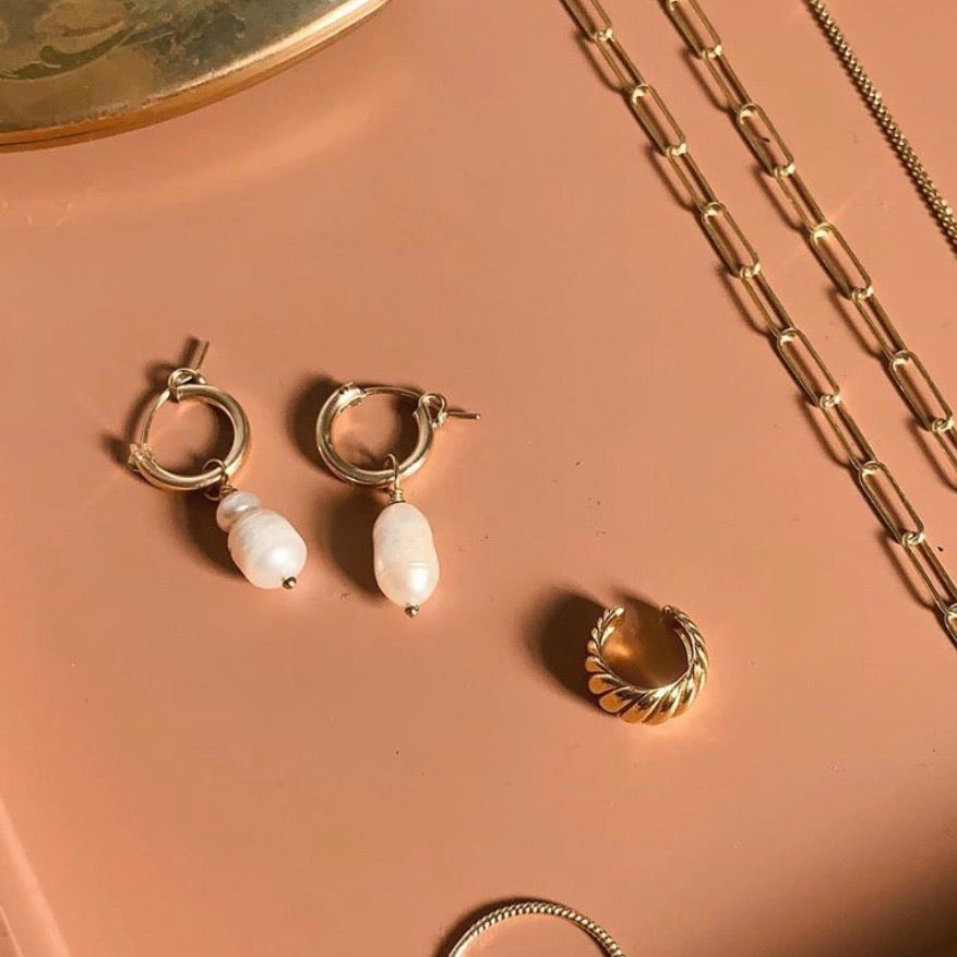 Freshwater Pearl Earrings | Asymmetrical Dainty Earrings | Protextor Parrish | Gold Latch Hoop Earrings | Golden Rule Gallery | Minnesota Made | Excelsior, MN