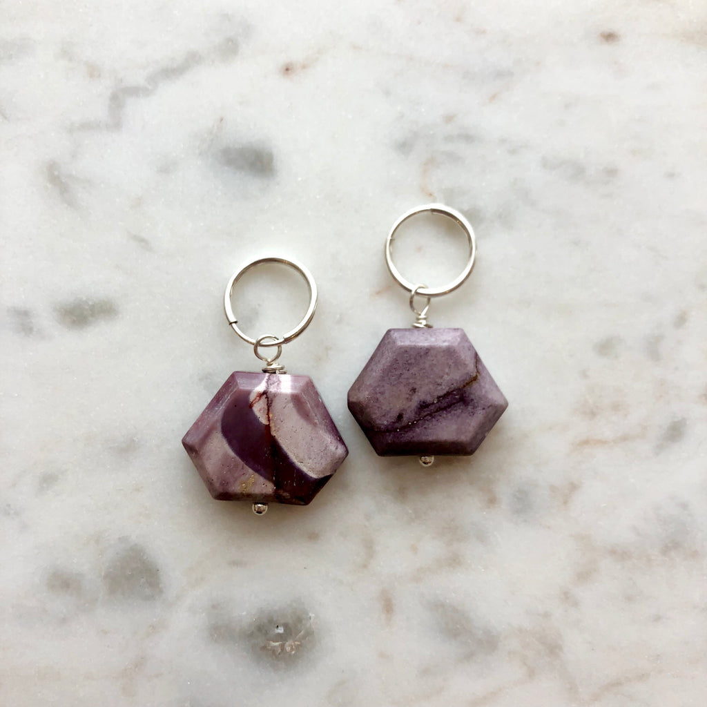 Mottled Plum Moukaite Hexagon and Sterling Silver Hoop Earrings | Protextor Parrish | MN Artists | Golden Rule Gallery | Excelsior, MN