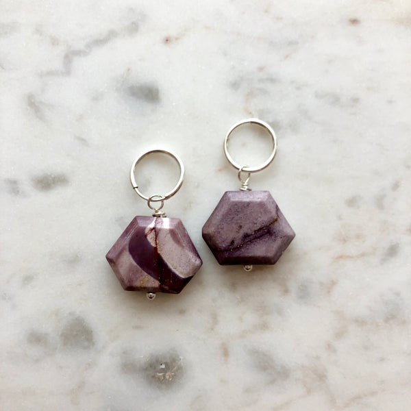 Mottled Plum Moukaite Hexagon and Sterling Silver Hoop Earrings | Protextor Parrish | MN Artists | Golden Rule Gallery | Excelsior, MN