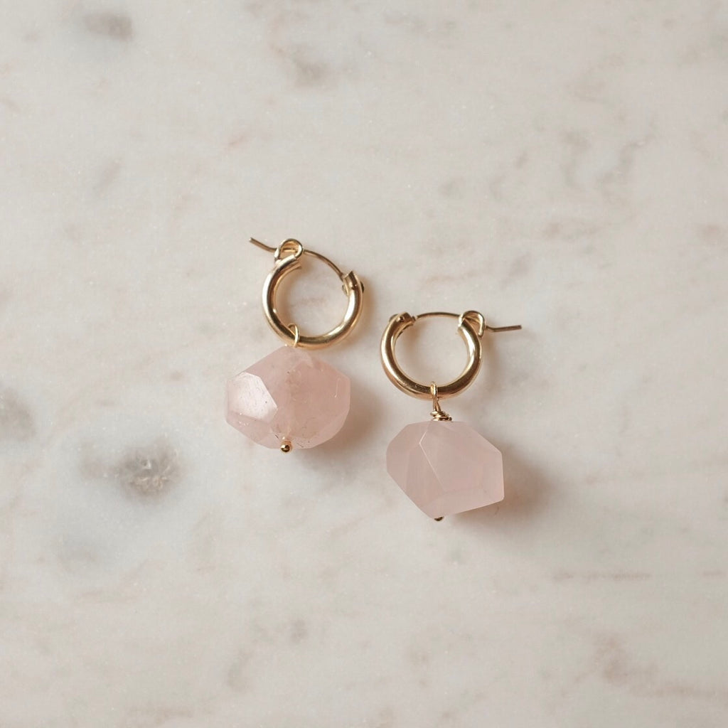 Faceted Rose Quartz Gold Hoops | Feminine Rose Quartz Earrings | Valentine's Jewelry for Her | Golden Rule Gallery | Protextor Parrish | Excelsior, MN | MN Artists | Made in Minnesota 