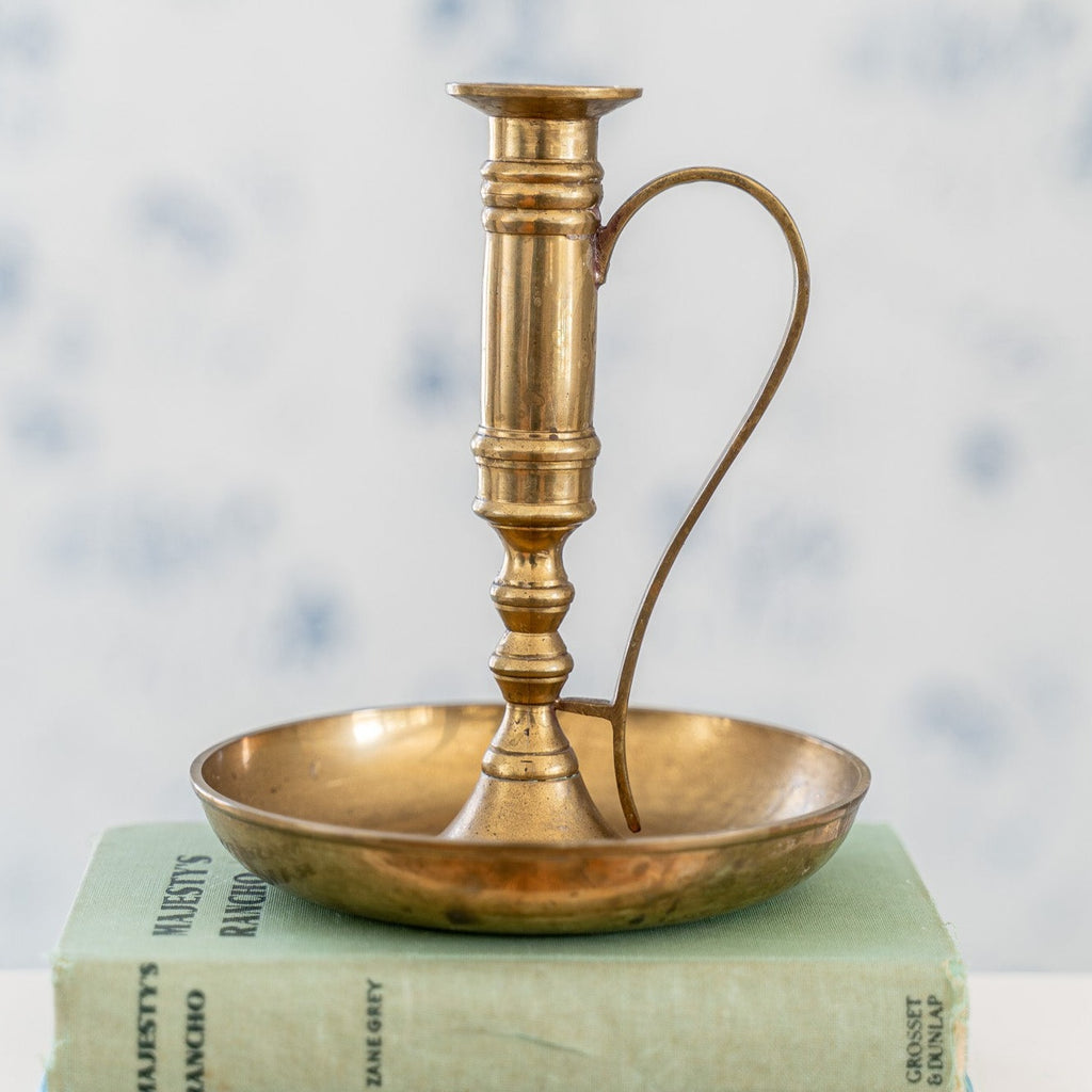 Tall Vintage Solid Brass Taper Candle Holder with Handle