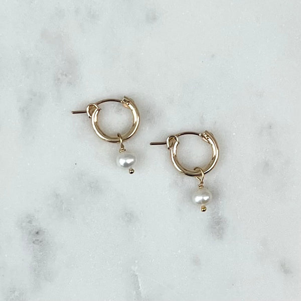 Dainty Freshwater Pearl and Gold Latch Hoop Earrings at Golden Rule Gallery 