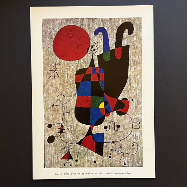 Vintage 60s Miró Art Print of Figures and Dog Before the Sun