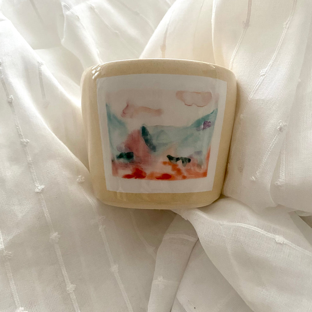 Petite Cream Ceramic Porcelain Cup by A MANO in Minneapolis Minnesota with Hand Painted Pink Watercolor Landscape
