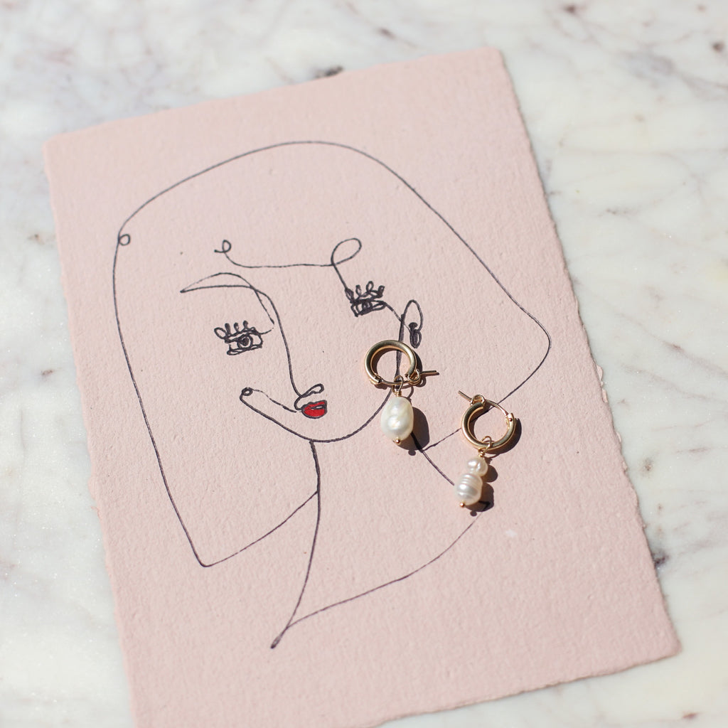 Pearl and Gold Hoop Earrings and Original Single Line Contour Drawing | Protextor Parrish | Golden Rule Gallery | Excelsior, MN
