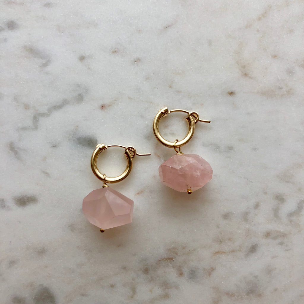 Rose Quartz Gold Hoops | Gold Hoop Latch Earrings | Protextor Parrish | Made in Minnesota | MPLS Artists | Hand Made Dainty Gemstone Earrings | Golden Rule Gallery | Excelsior, MN