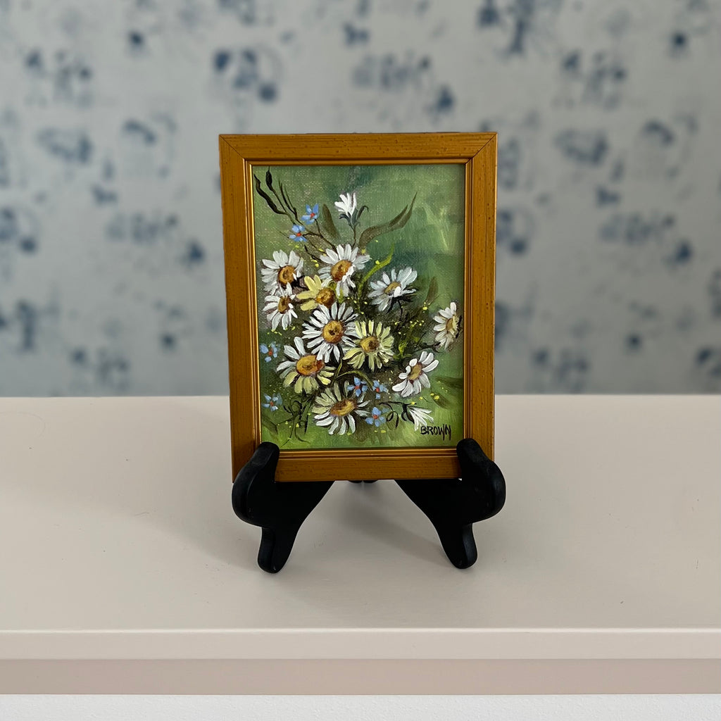 Vintage Original Petite Mod Daisy Floral Painting Framed at Golden Rule Gallery in Excelsior, MN