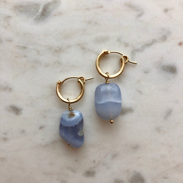 Periwinkle Chalcedony Nugget Gold Hoops | Periwinkle Charm Earrings | Protextor Parrish | Minnesota Artists | Golden Rule Gallery | Excelsior, MN