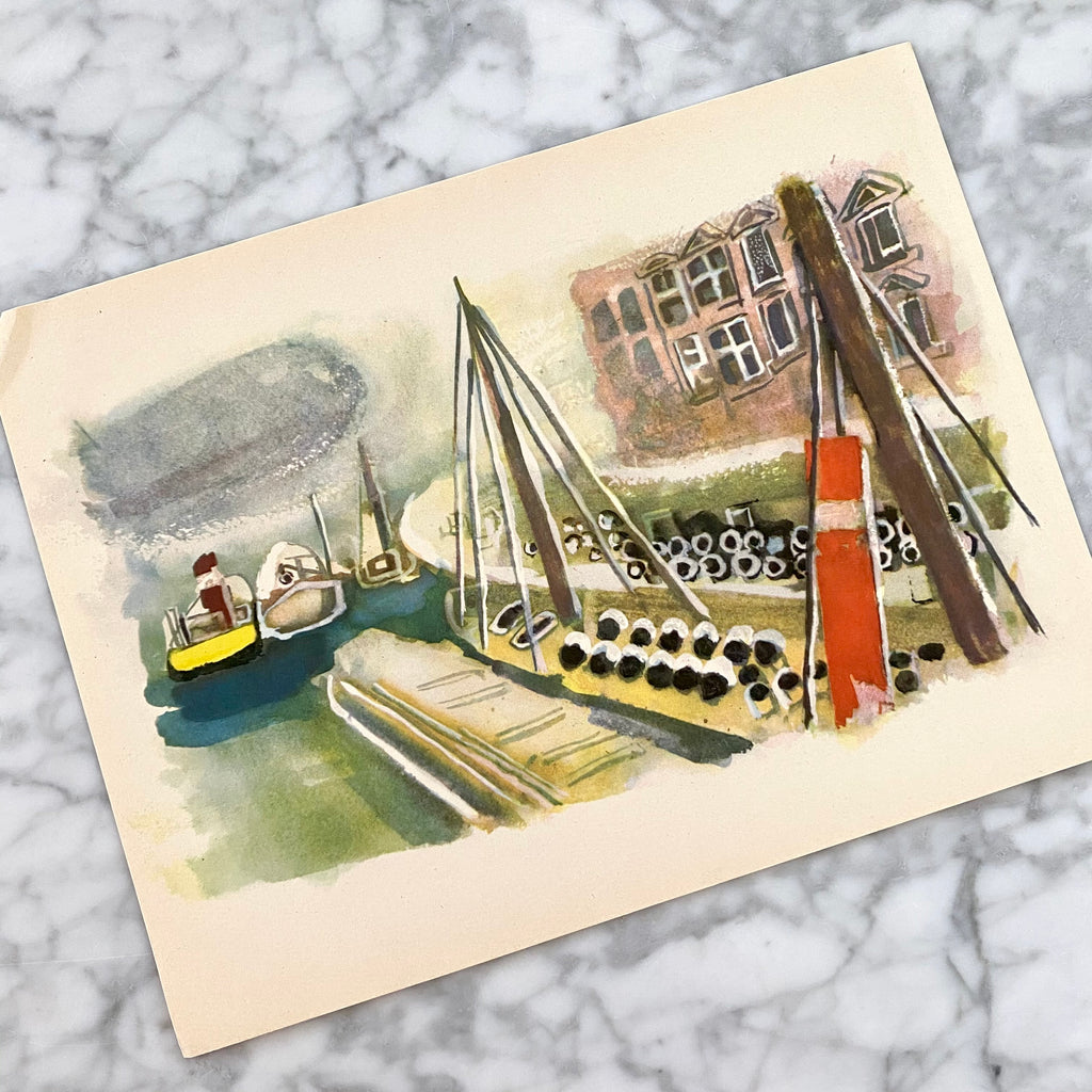 Shipyard | Seascape | Nautical Art | Boats | Vintage German Watercolor | Xaver Furh | Collectible WWII Era Print | Golden Rule Gallery | Excelsior, Minnesota 