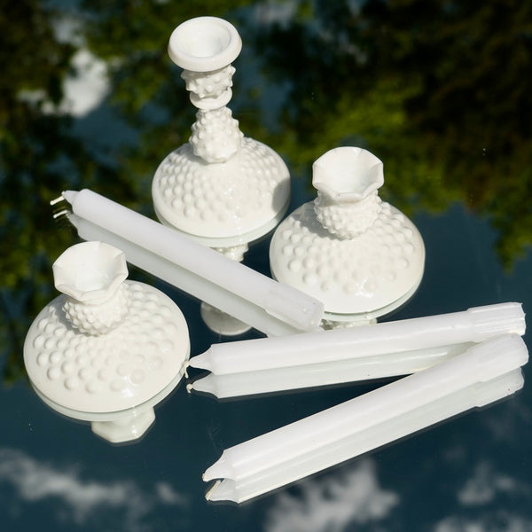 Pair of Vintage 80s Milk Glass Hobnail Taper Candle Holders by J'adore Beddor Vintage at Golden Rule Gallery in Excelsior, MN