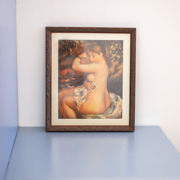 Professionally framed vintage renoir lithograph print called "After the Bath" showing a nude woman cleaning herself 