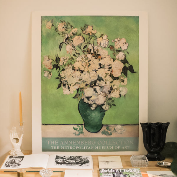 Beautiful Vintage 90s Van Gogh Vase of Roses Art Poster from The Annenberg Collection at Golden Rule Gallery in Excelsior, MN