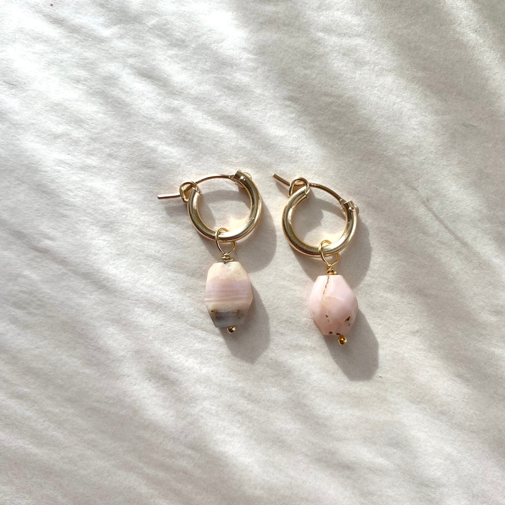 Dainty Pink Opal Stone Earrings with Gold Hoops by MN Artist Protextor Parrish 