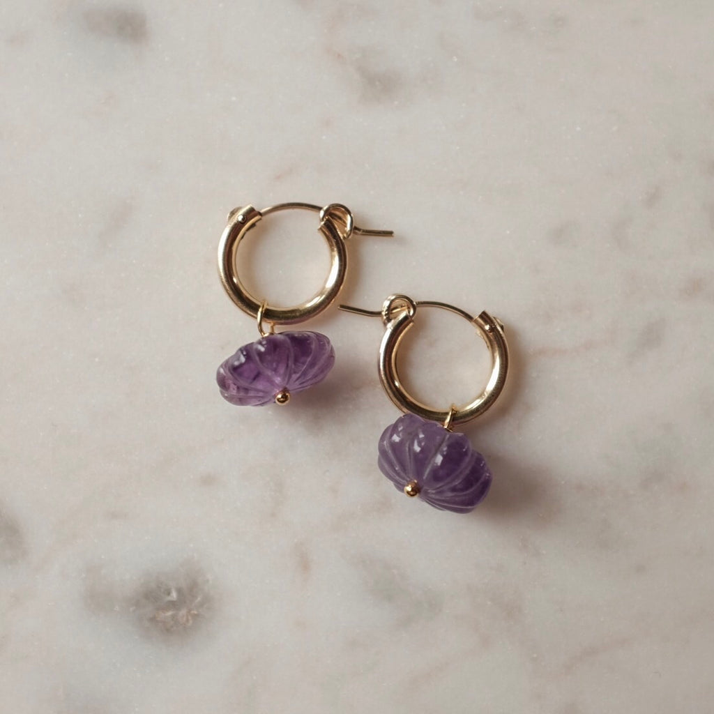 Carved Gemstone Gold Hoops | Protextor Parrish | Dainty Gemstone Earrings | Golden Rule Gallery | Excelsior, MN