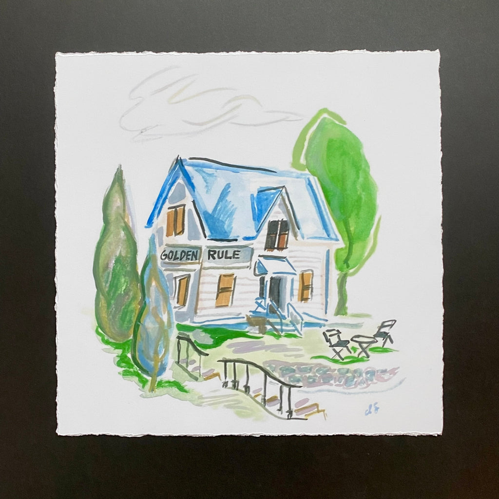 Blue and Green Golden Rule Gallery House Watercolor Painted Art Print in Excelsior, MN