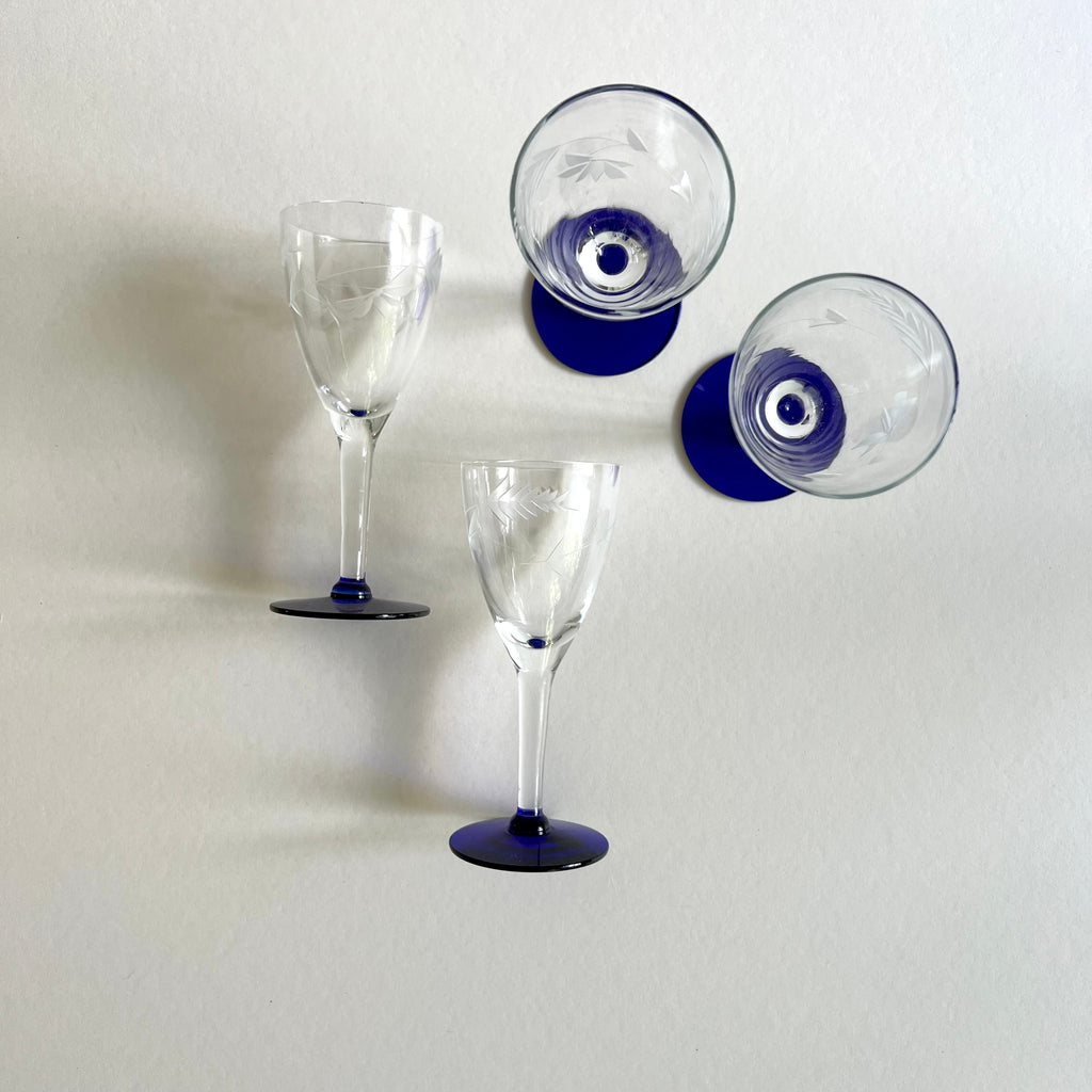 Cobalt Blue Vintage Etched Bar Glass Set at Golden Rule Gallery