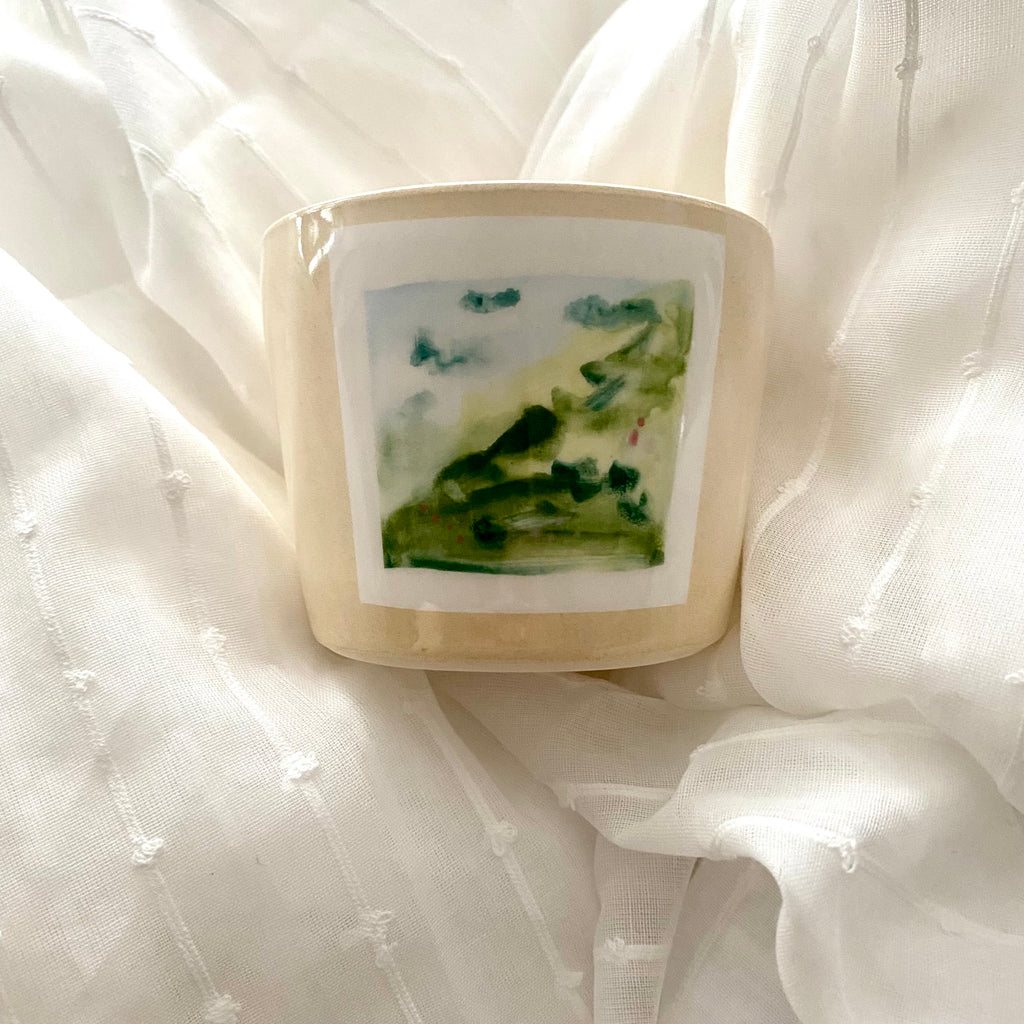 Ceramic Hand Made Cup by A MANO in Minneapolis with Watercolor Landscape Painted on the Cup