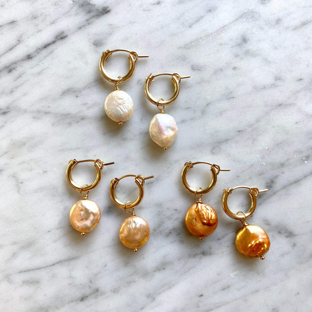 Coin Pearl Earrings | 14KT Gold Fill Hoops with Pearls | Protextor Parrish Pearl Jewelry | Golden Rule Gallery | Excelsior, MN