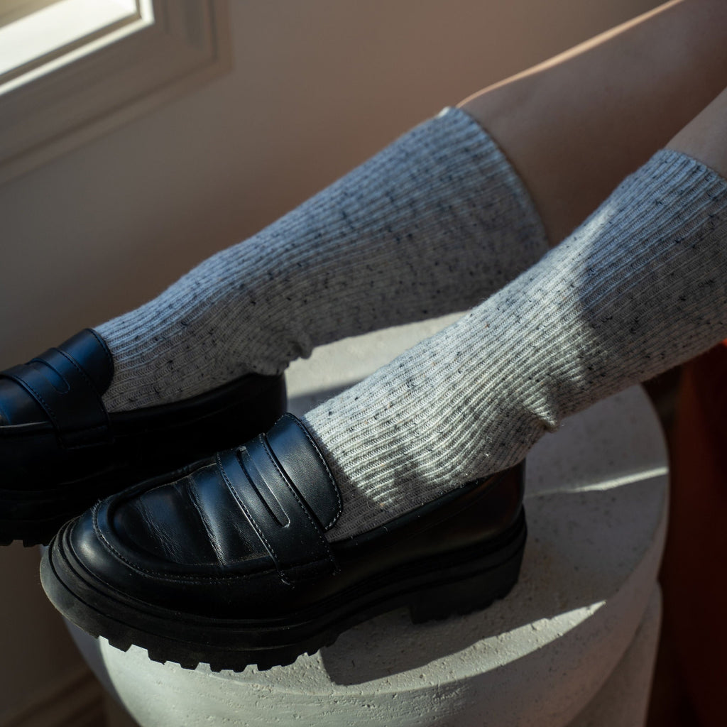 Cozy Grey Snow Socks with Loafers