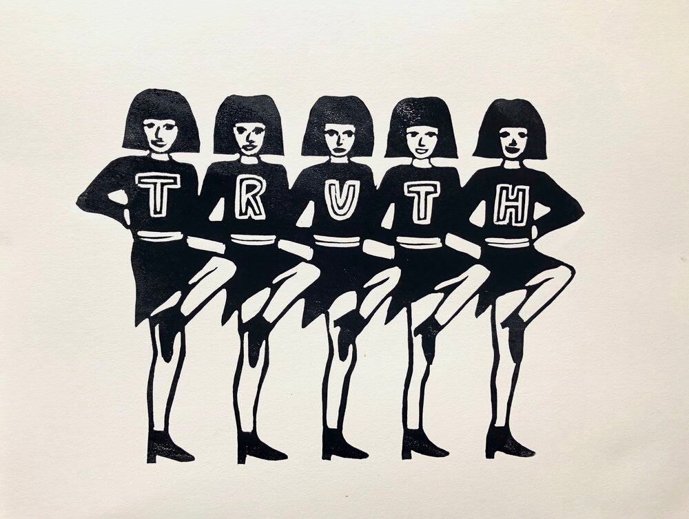 We Are The Truth Cheerleader Linocut Framed Art by Jennifer Ament at Golden Rule Gallery in Excelsior, MN