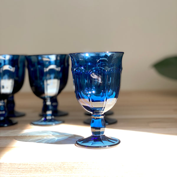 Vintage Blue Glassware Set of Seven | St of 7 Blue Glasses | Vintage Glassware | Vintage Glasses for Dinner Parties | Golden Rule Gallery | Excelsior, MN | Minnesota Vintage Glassware