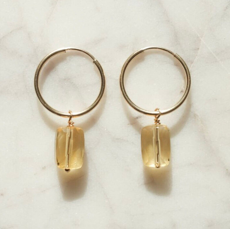 Yellow Lemon Quartz Gold Hoop Earrings | Lemon Quartz Charm Hoops | Protextor Parrish Jewelry | MN Hand Made Jewelry | Golden Rule Gallery | MPLS Artists | Excelsior, MN
