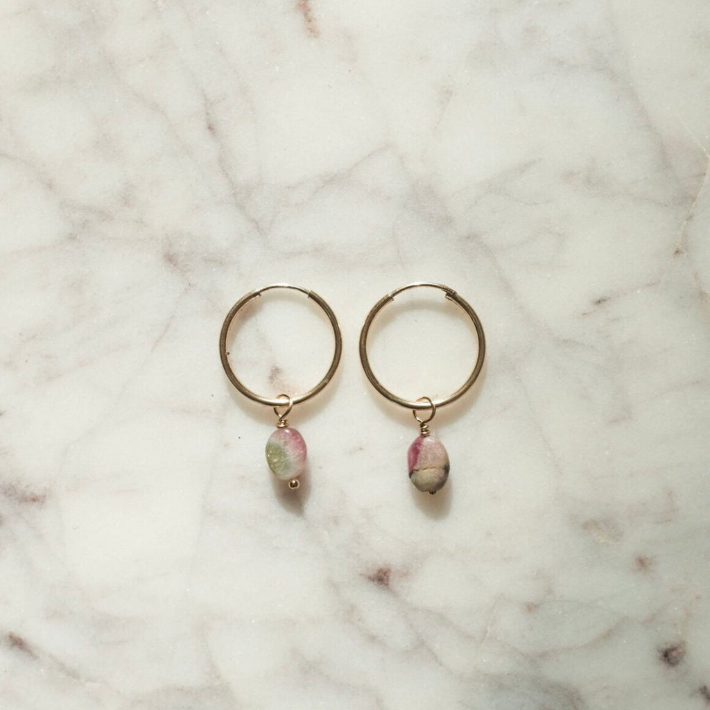 Rainbow Tourmaline Gold Hoops | Protextor Parrish | Golden Rule Gallery | Minnesota Artists | MN Made Jewelry | Golden Rule Gallery 