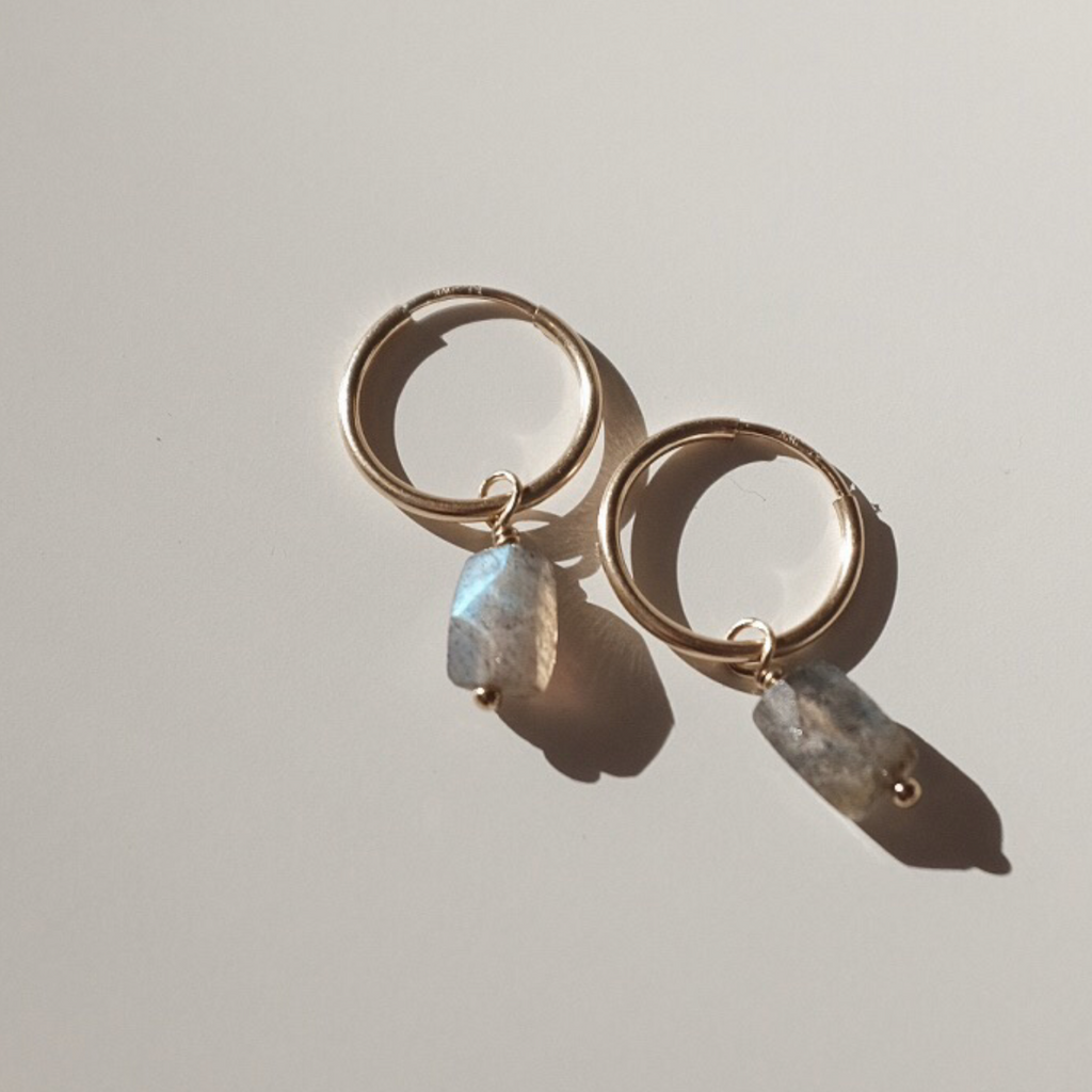 Labradorite Charm Gold Hoop Earrings | Endless Gold Hoop Earrings | Gold Latch Earrings | Protextor Parrish Hand Made Jewelry | Labradorite Earrings | Golden Rule Gallery | Excelsior, MN 