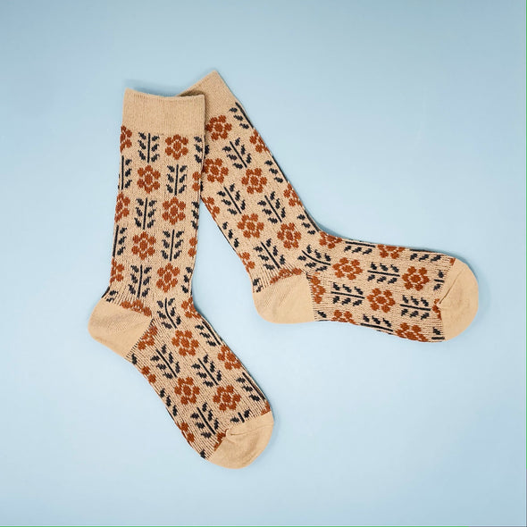 Beige Floral Mary Lou Socks at Golden Rule Gallery 