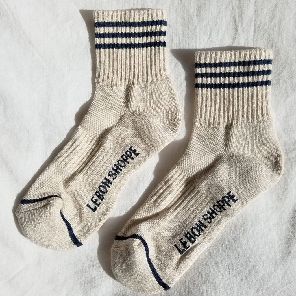 Oatmeal Navy Striped Socks by Le Bon Shoppe at Golden Rule Gallery in Excelsior, MN