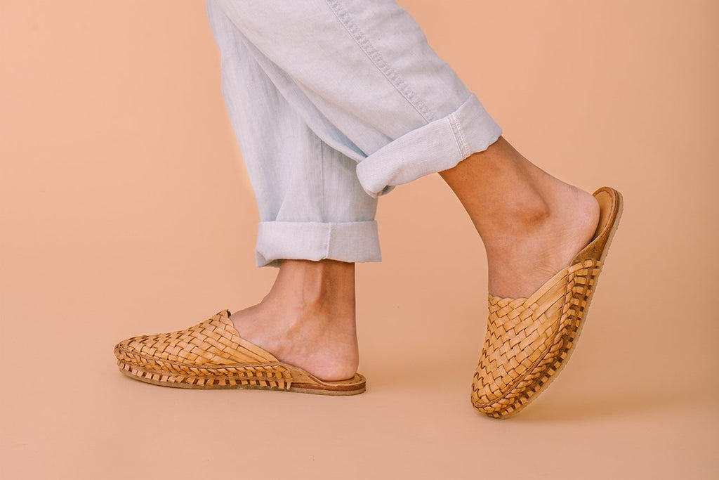 Woven Light Brown Leather Slides by Mohinders at Golden Rule Gallery in Excelsior, MN