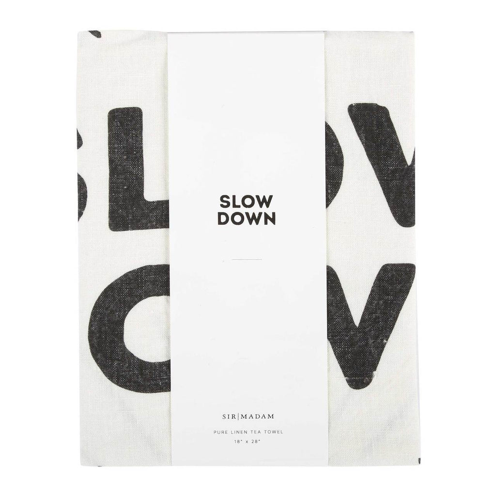 Wrapped Slow Down Tea Towel In Packaging | Slow Down Tea Towel Art | Sir Madam | Golden Rule Gallery | Excelsior, MN