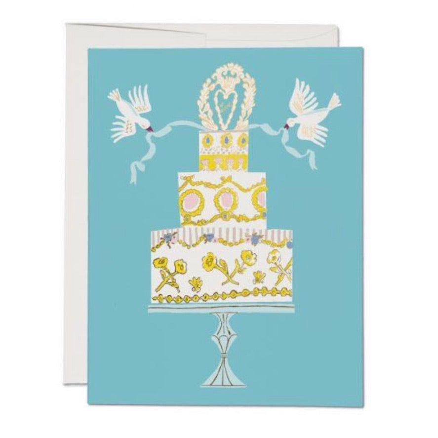 Pretty tiered wedding cake with dove greeting card by Red Cap Cards